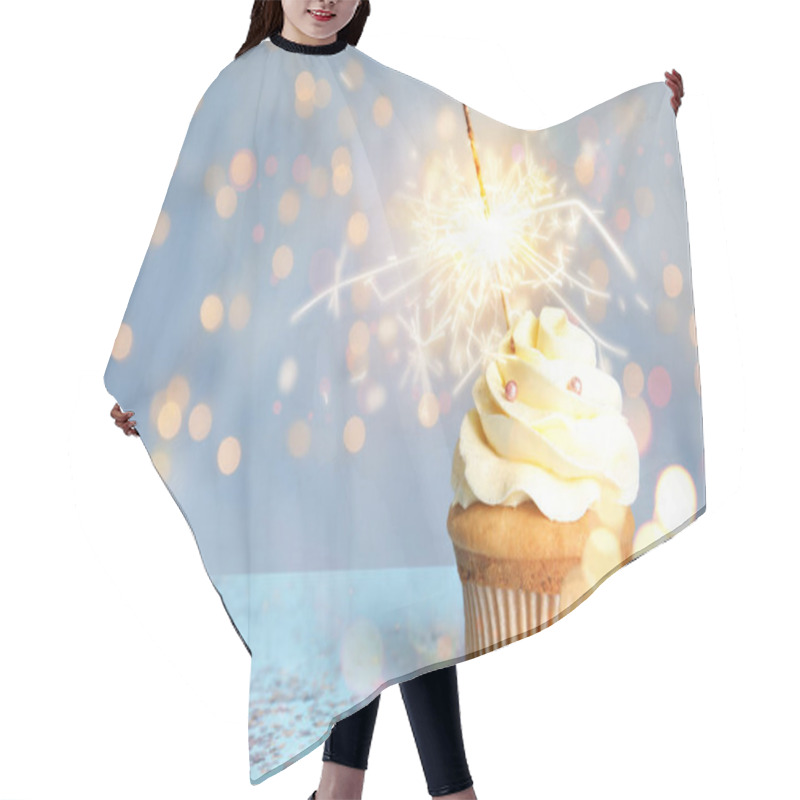 Personality  Beautiful Birthday Cupcake With Sparkler On Blue Table Against B Hair Cutting Cape