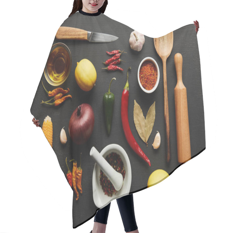 Personality  Top View Of Kitchenware With Organic Vegetables And Spices On Black Wooden Background Hair Cutting Cape