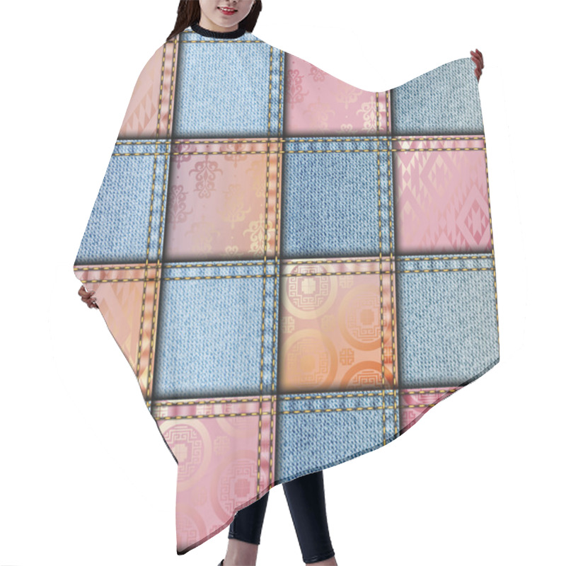 Personality  Patchwork Of Silk And Jeans Hair Cutting Cape