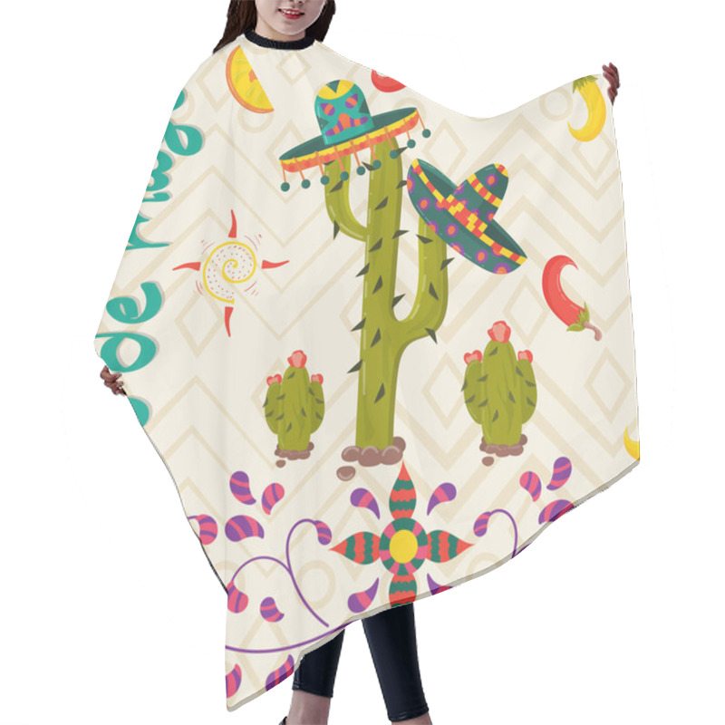 Personality  Vector Illustration Of A Mexican Theme Cinco De Mayo In The Style Of A Cactus Wearing A Sombrero On It For Decoration And Design Hair Cutting Cape