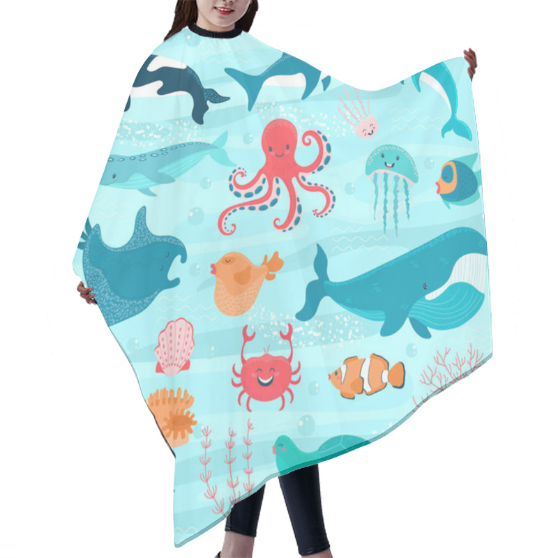 Personality  Underwater World Cartoon, Ocean Animals, Vector Illustration Hair Cutting Cape