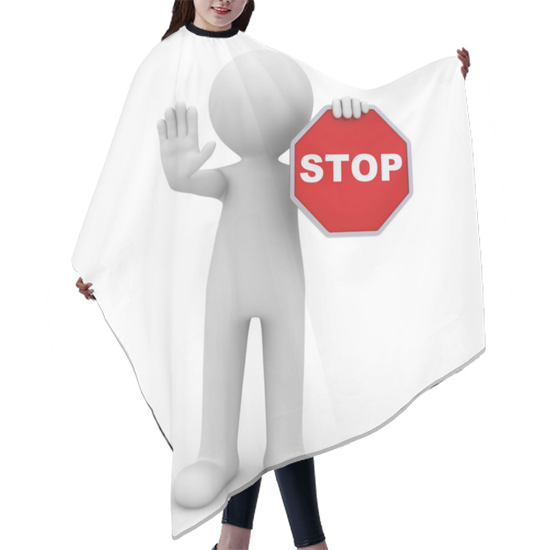 Personality  3d Man Showing Stop Sign Over White Background Hair Cutting Cape