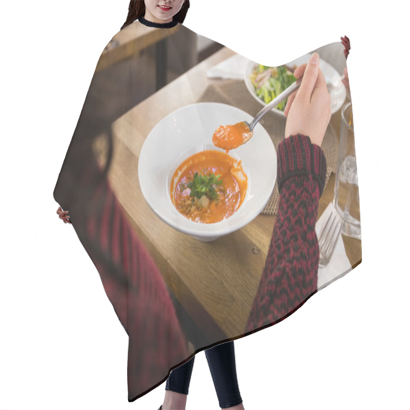 Personality  Young Woman With Bowl Of Soup Hair Cutting Cape