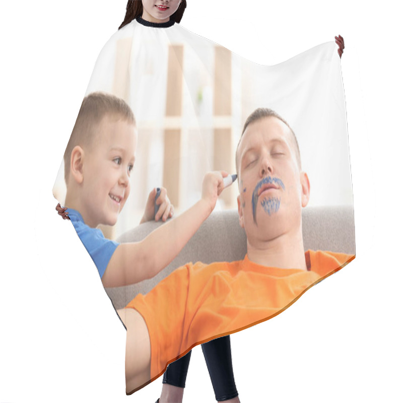 Personality  Little Boy Painting His Father's Face While He Sleeping. April Fool's Day Prank Hair Cutting Cape