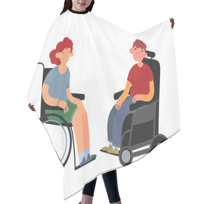 Personality  Disabled People. Boy And Girl In Wheelchairs. Flat Cartoon Vector Illustration. Hair Cutting Cape