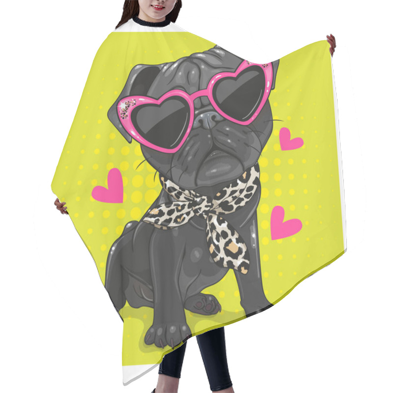 Personality  Cartoon Black Pug Dog With Pink Glasses And Scarf Isolated On A White Background Hair Cutting Cape