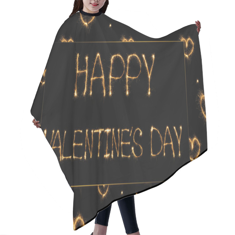 Personality  Close Up View Of Happy Valentines Day Light Lettering And Hearts On Black Background, St Valentines Day Concept Hair Cutting Cape