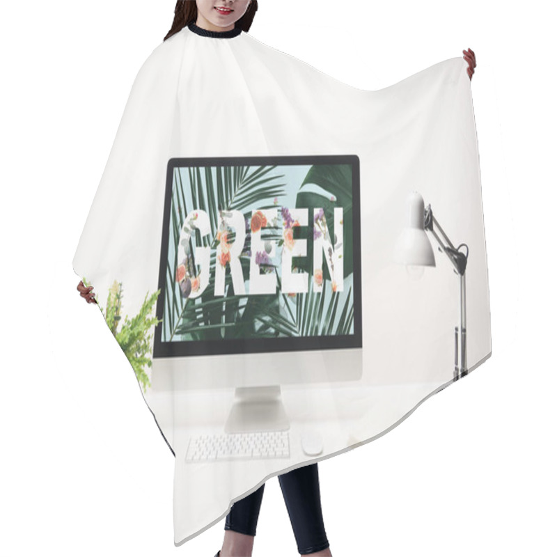 Personality  Computer With Green Lettering And Tropical Leaves On Monitor On Desk On White Background Hair Cutting Cape