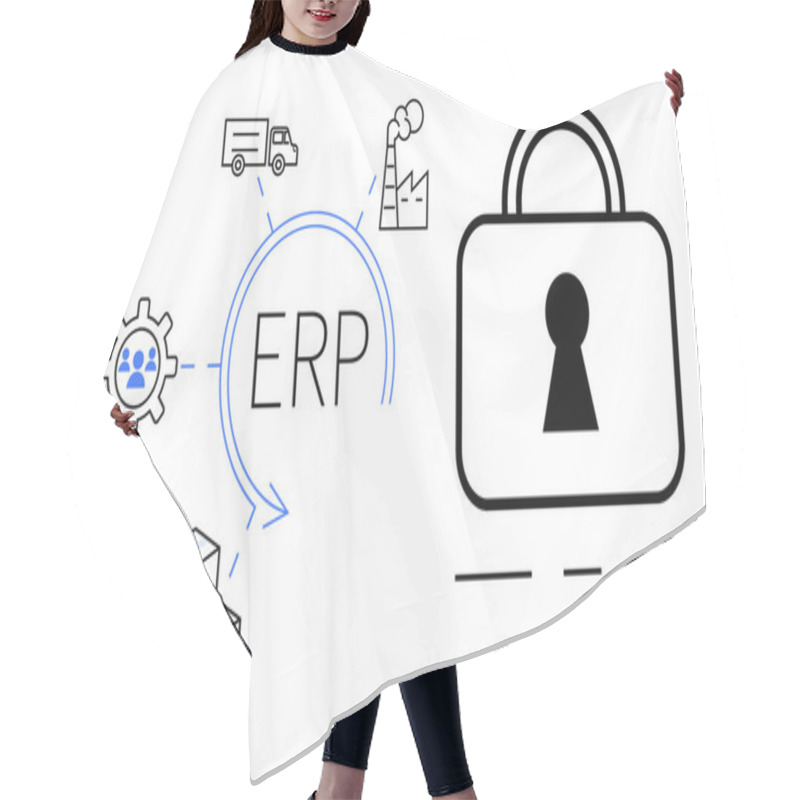 Personality  ERP System With Security Lock And Icons Representing People, Shipping, Manufacturing, And Inventory. Ideal For Data Protection, Business Processes, Logistics, Manufacturing, Inventory Management Hair Cutting Cape