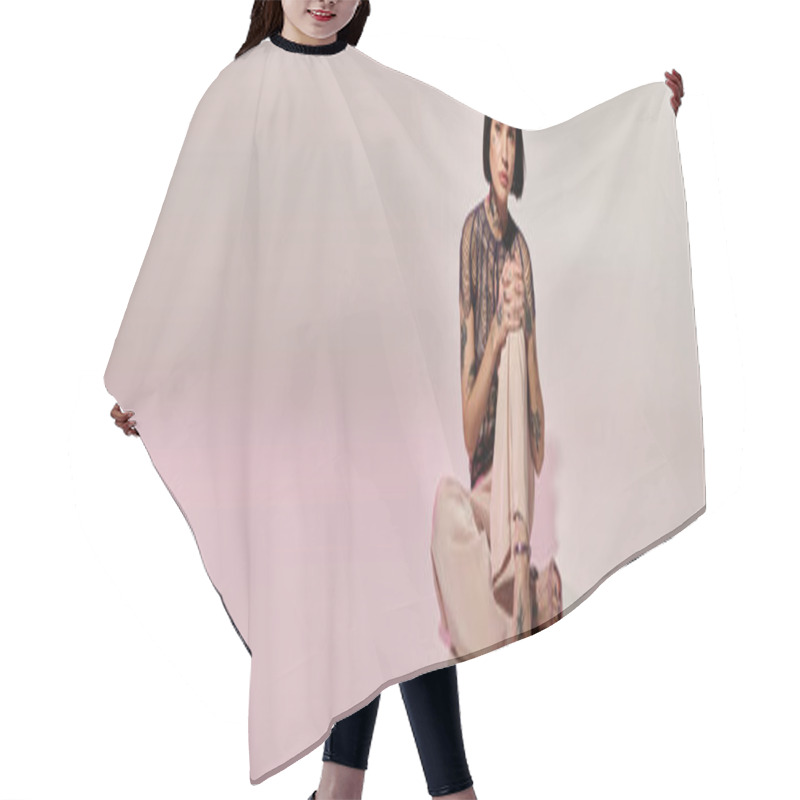 Personality  A Stylish Young Woman Sits Elegantly, Combining Fashion And Art Through Her Tattoos. Hair Cutting Cape