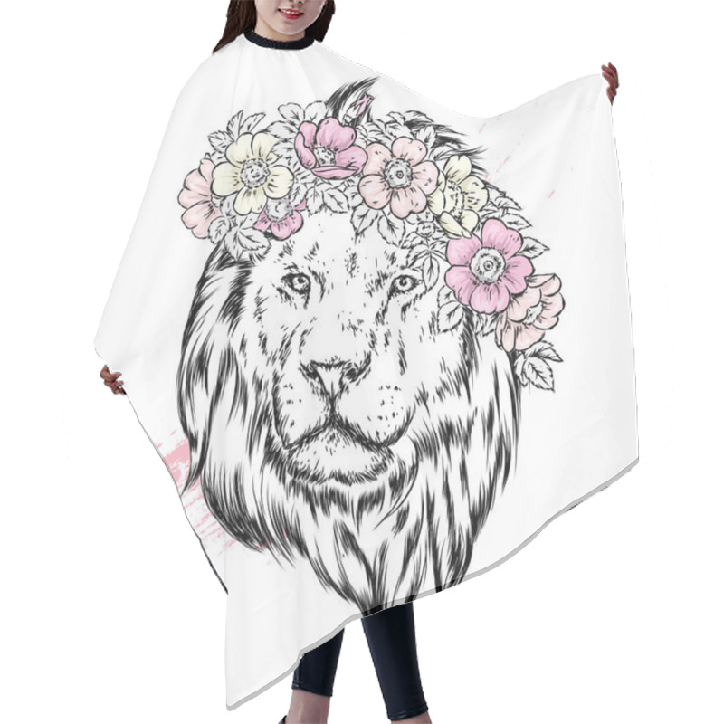 Personality  A Beautiful Lion In A Wreath Of Wild Rose. Vector Illustration For Postcard Or Poster, Print For Clothes. Spring And Summer, A Bouquet Of Flowers. Vintage And Retro. Hipster. Leo. Hair Cutting Cape