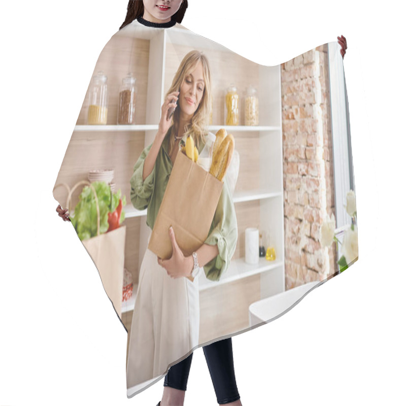 Personality  A Woman Standing In A Kitchen Holding A Bag Of Bread. Hair Cutting Cape