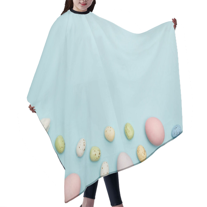 Personality  Top View Of Toy Bunny, Easter Chicken And Quail Eggs On Blue Background With Cope Space  Hair Cutting Cape