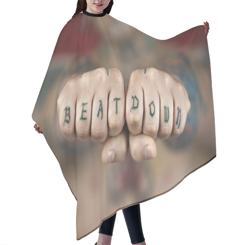 Personality  Hostile Tattoo On Hands. Hair Cutting Cape