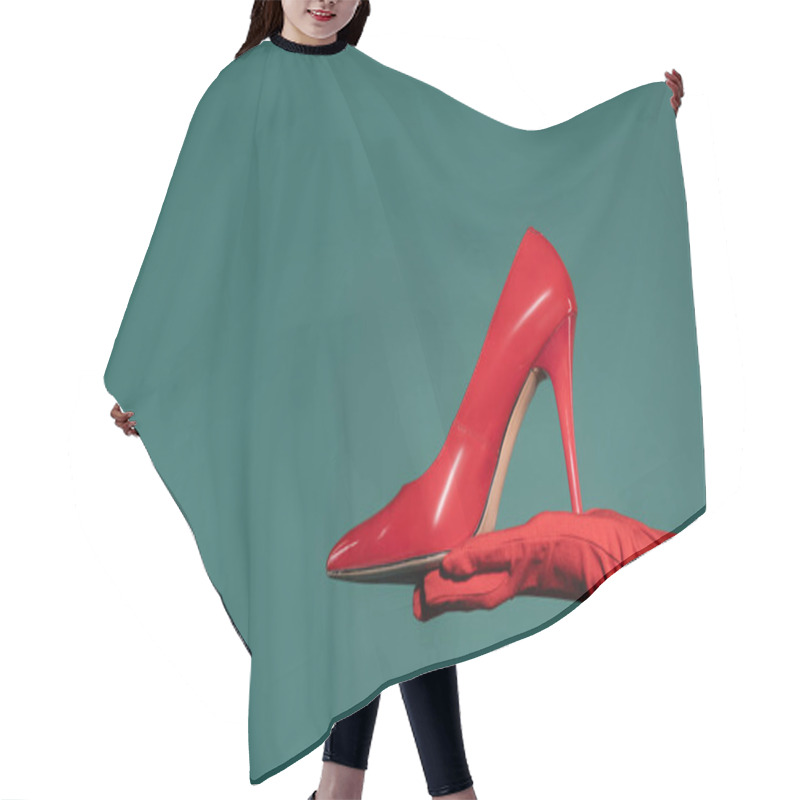 Personality  Cropped View Of Woman In Red Glove Holding High Heeled Shoe On Green Background Hair Cutting Cape