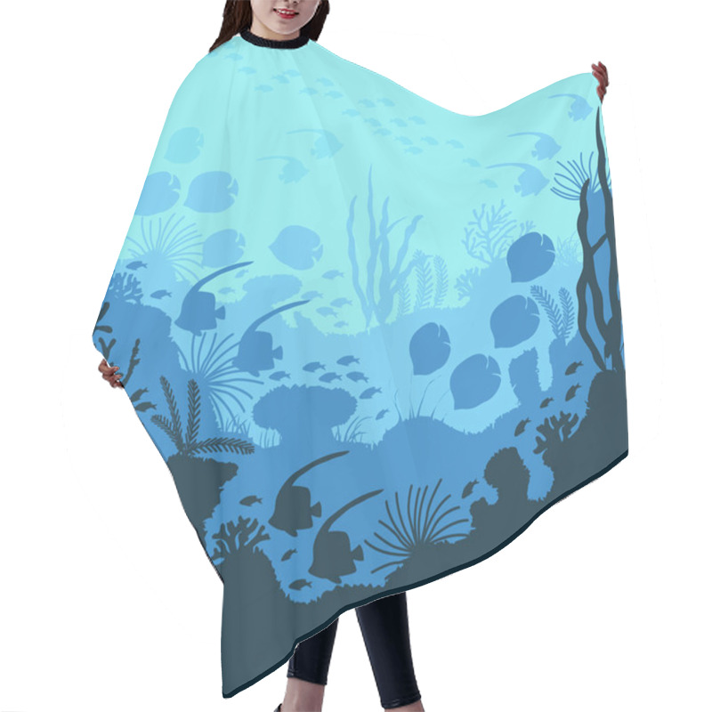 Personality  Cartoon Underwater Blue Ocean Background Scene Concept. Vector Hair Cutting Cape