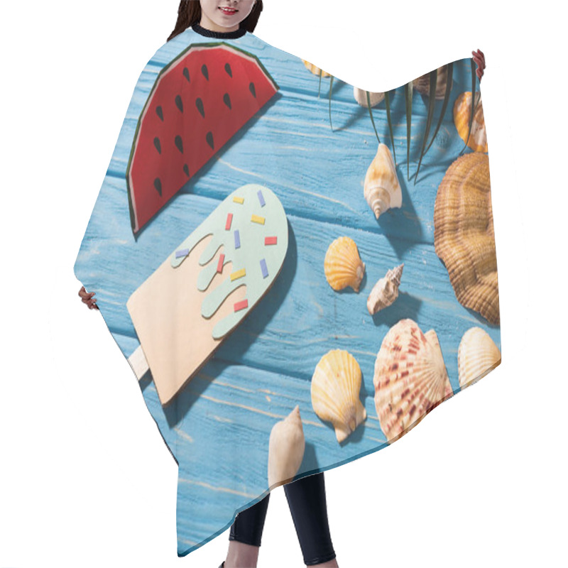 Personality  Top View Of Paper Ice Cream With Sprinkles And Watermelon Near Seashells And Palm Leaves On Wooden Blue Background Hair Cutting Cape