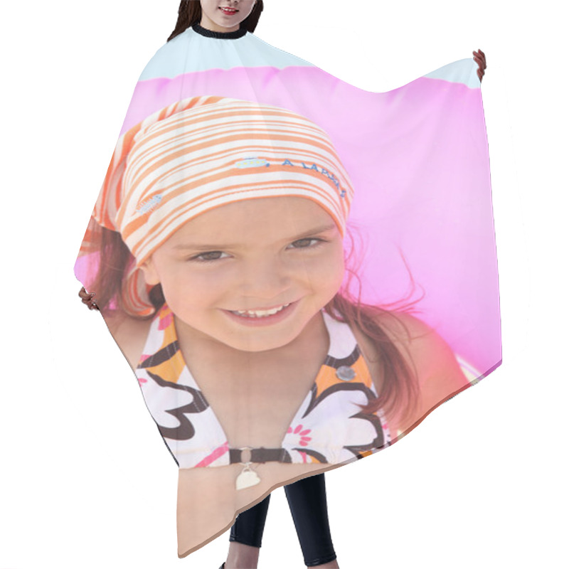 Personality  Young Girl In A Bikini With A Pink Inflatable Beach Ring Hair Cutting Cape