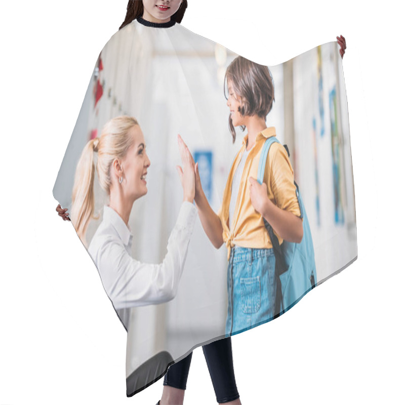 Personality  Teacher Giving High Five To Schoolgirl Hair Cutting Cape