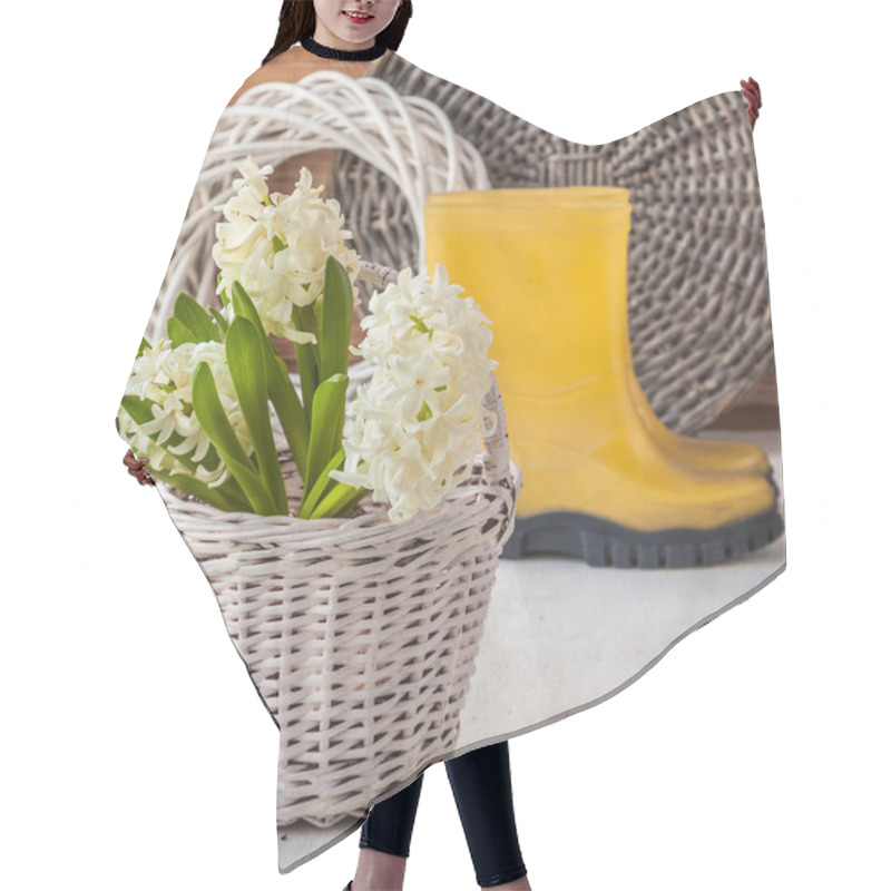 Personality  White Hyacinths In White Basket And Yellow  Rubber Boots Hair Cutting Cape