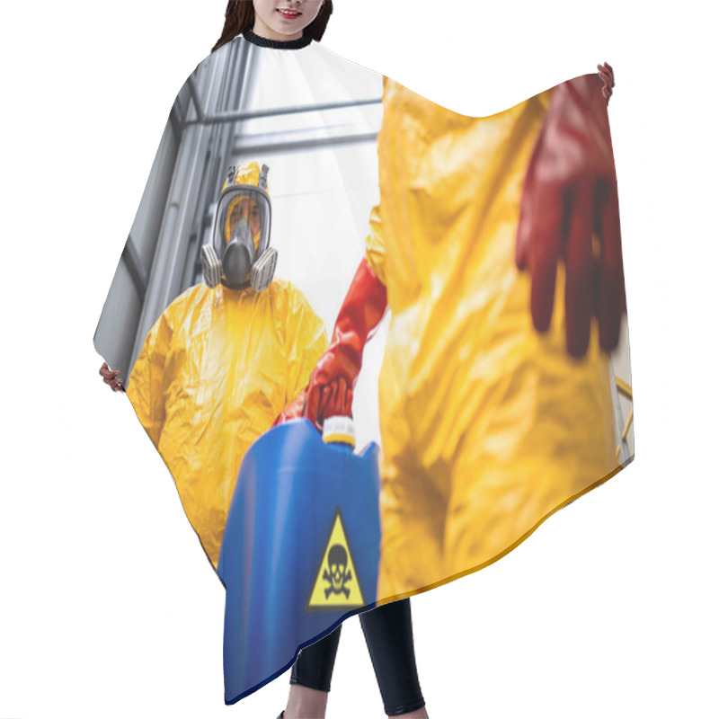 Personality  Working In Chemicals Warehouse. Workers Fully Protected Against Toxic Fumes Carrying Dangerous Materials. Hair Cutting Cape