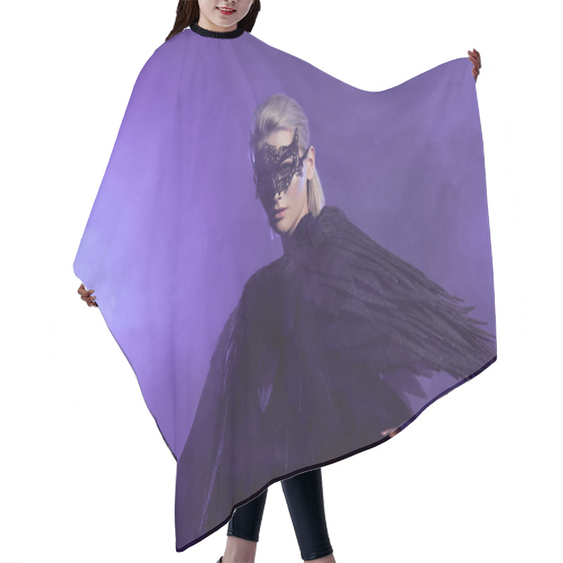 Personality  Beautiful Woman In Lace Mask And Black Angel Wings Posing On Smoky Violet Background With Copy Space Hair Cutting Cape