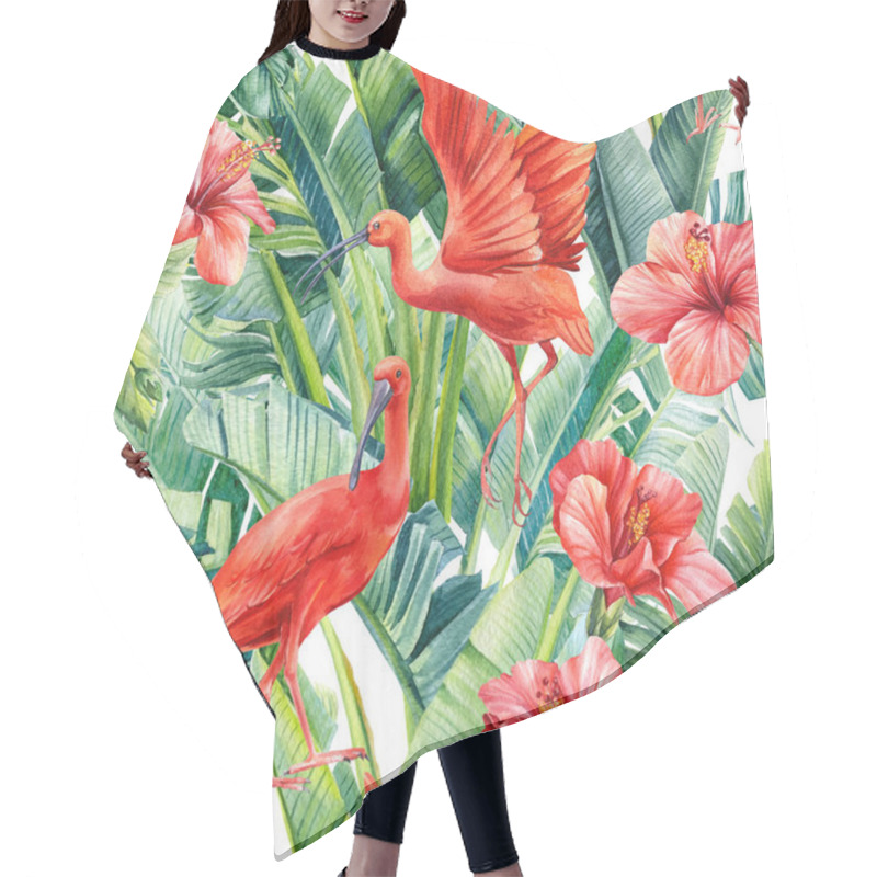 Personality  Tropical Leaves Palm, Hibiscus Flowers And Ibis Birds On An Isolated Background. Watercolor Seamless Pattern Hair Cutting Cape