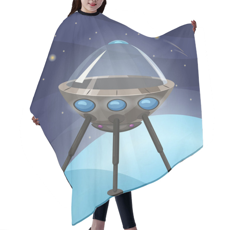 Personality  UFO Spaceship, Cartoon Style, Background Space Planet, Isolated, Vector, Illustration Hair Cutting Cape