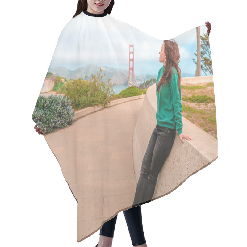 Personality  A Cute Young Brunette Woman Walks On A Hill Overlooking The Golden Gate Bridge In San Francisco On A Sunny Day Hair Cutting Cape