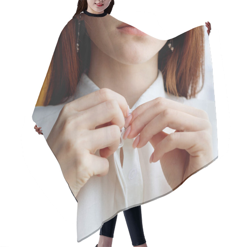 Personality  Unrecognizable Redhead Woman Unbuttoning White Blouse. Hair Cutting Cape