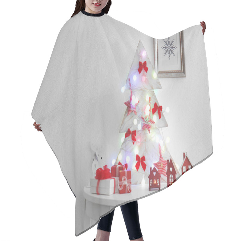 Personality  Decorated Handmade Christmas Tree On White Table Hair Cutting Cape