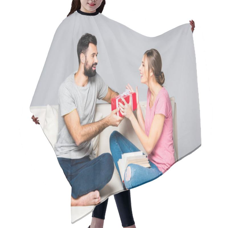 Personality  Man Giving Gift Box To Woman Hair Cutting Cape