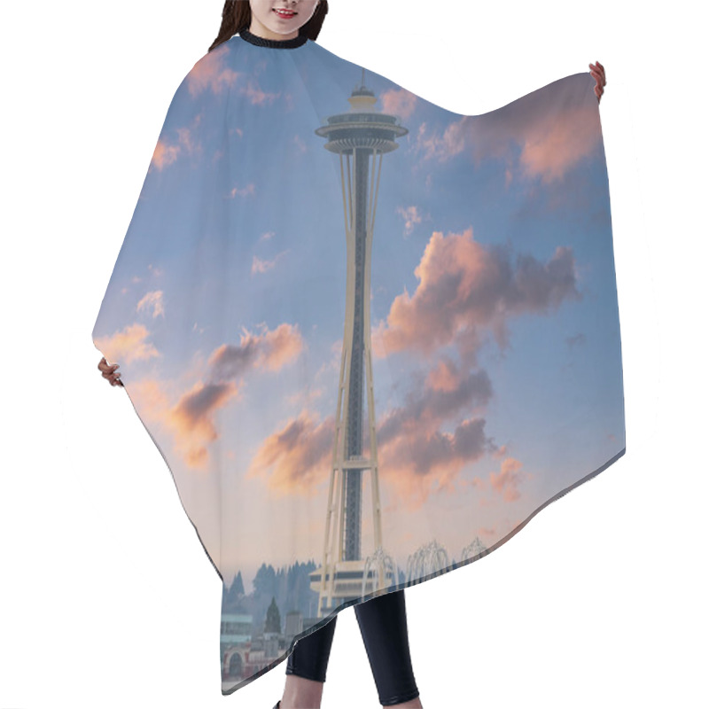 Personality  The Space Needle Stands Tall In Downtown Seattle, Washington, Surrounded By Urban Buildings And Trees, Under A Vibrant Sunset Sky With Scattered Clouds. Hair Cutting Cape