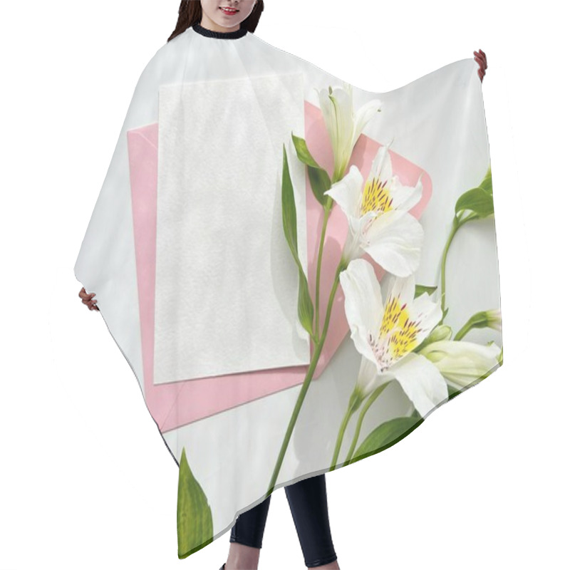 Personality  Elegant White Flowers With Pink Envelopes And A Blank Card For Invitations Or Messages. Hair Cutting Cape