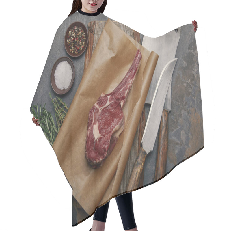 Personality  Top View Of Raw Rib Eye Steak On Baking Paper With Kitchen Knives, Spices, Herbs And Salt On Grey Background Hair Cutting Cape