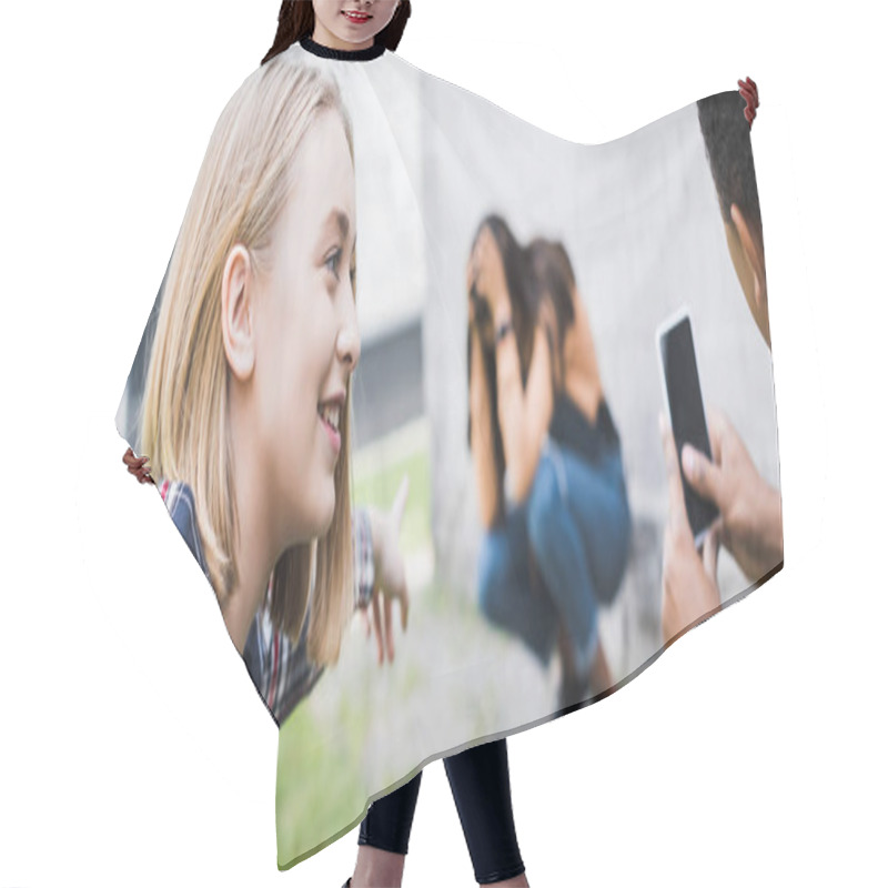 Personality  Panoramic Shot Of African American Boy And Blonde Teenager Pointing With Finger And Shooting Scared Teenager Hair Cutting Cape