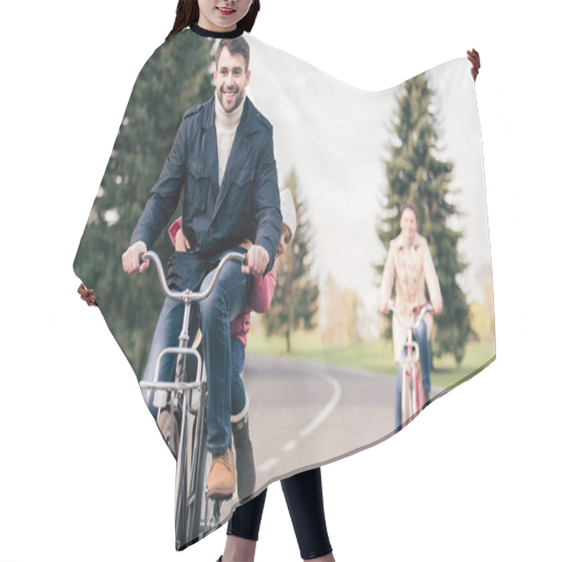 Personality  Happy Family Riding Bicycles In Park Hair Cutting Cape