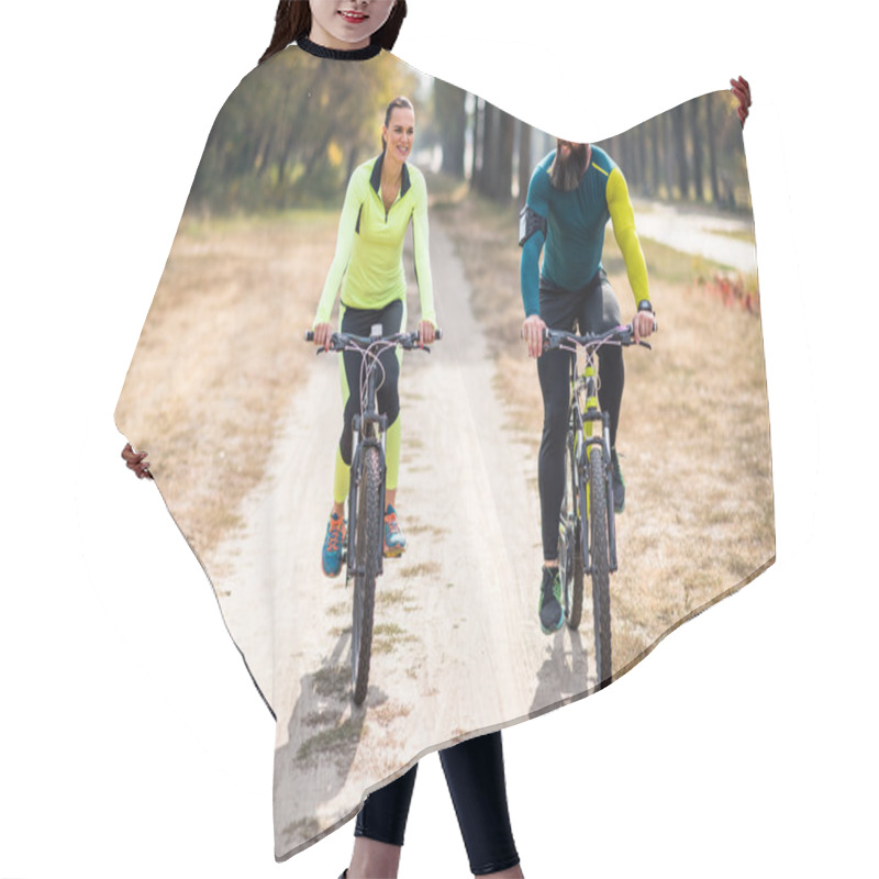 Personality  Smiling Couple Cycling In Park  Hair Cutting Cape