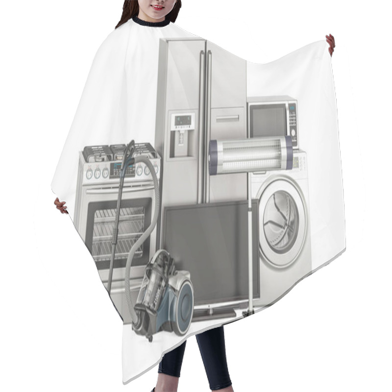 Personality  Set Of Household Appliances. Washing Machine, Fridge, Gas Stove, Hair Cutting Cape