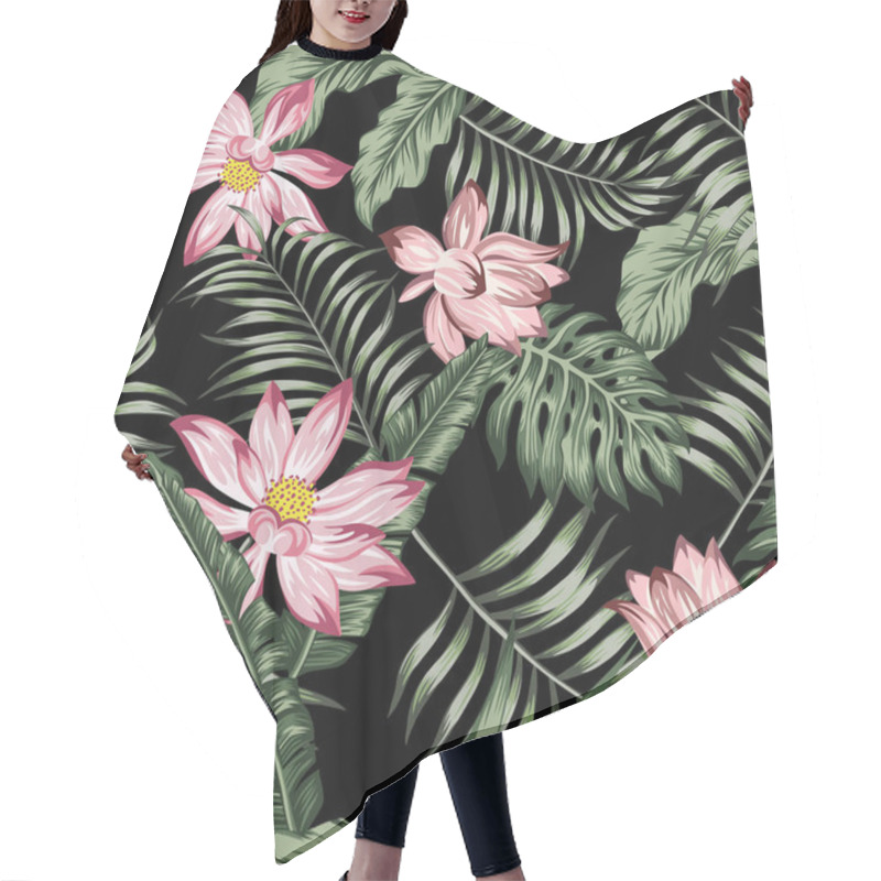 Personality  Botanical Seamless Pattern Green Leaves Pink Flowers Black Backg Hair Cutting Cape