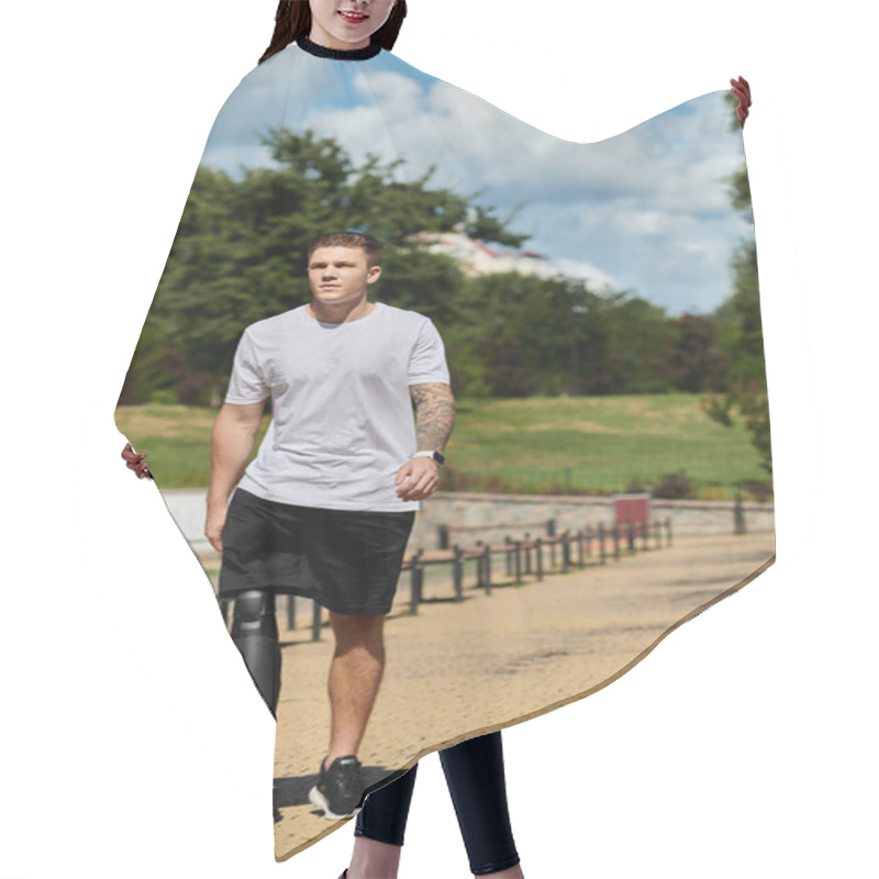 Personality  Man With Artificial Foot Embracing Outdoor Workout, Exemplifying Strength And Determination In A Vibrant Setting. Hair Cutting Cape