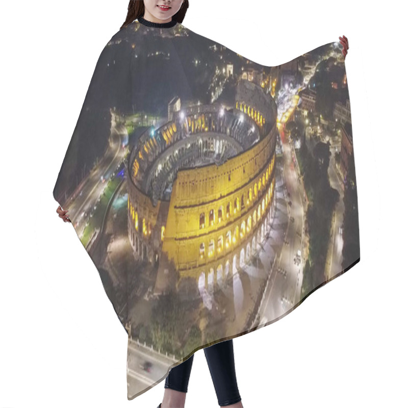 Personality  Aerial View Of The Colosseum In Rome, Italy, At Night. The Illuminated Ancient Ruins Stand Out Against The Dark Sky, Showcasing The Grandeur And Historical Significance Of This Iconic Landmark Hair Cutting Cape