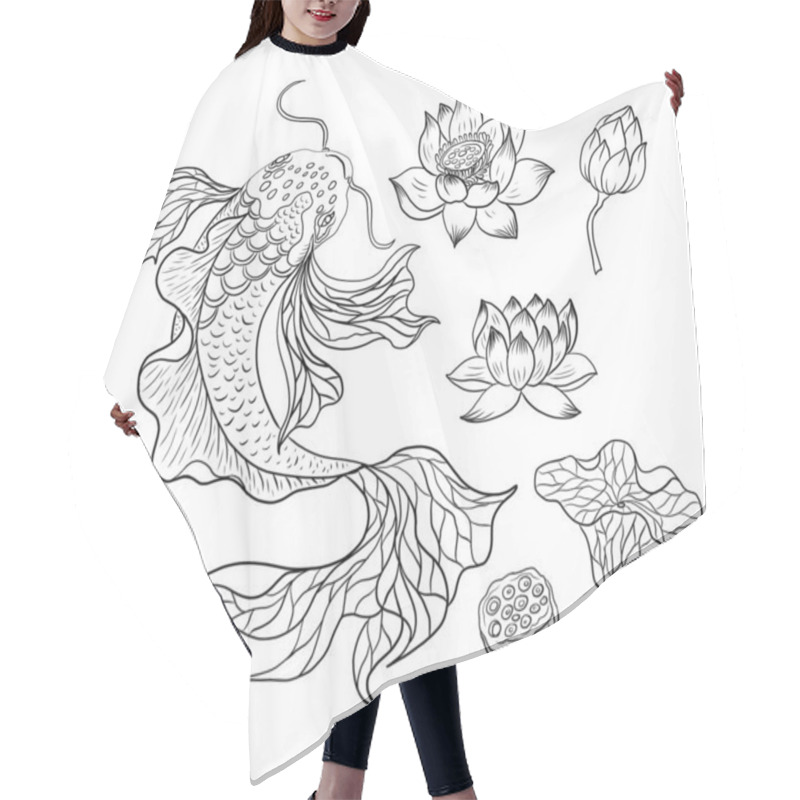 Personality  Koi Fish Vector For Printing On Shirt On Isolated White Background.Hand Drawn Lotus And Koi Fish Carp Vector For Printing On Background.Lucky Chinese Animal Illustration For Painting. Hair Cutting Cape