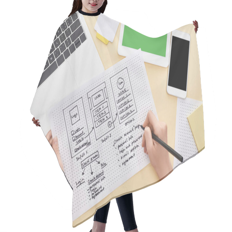 Personality  Cropped View Of Designer Holding Website Design Template Near Gadgets On Yellow Background Hair Cutting Cape