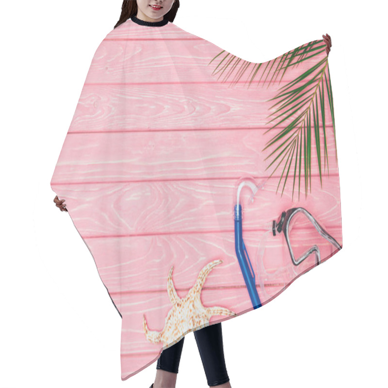 Personality  Top View Of Diving Mask And Snorkel With Seashell On Pink Wooden Surface Hair Cutting Cape