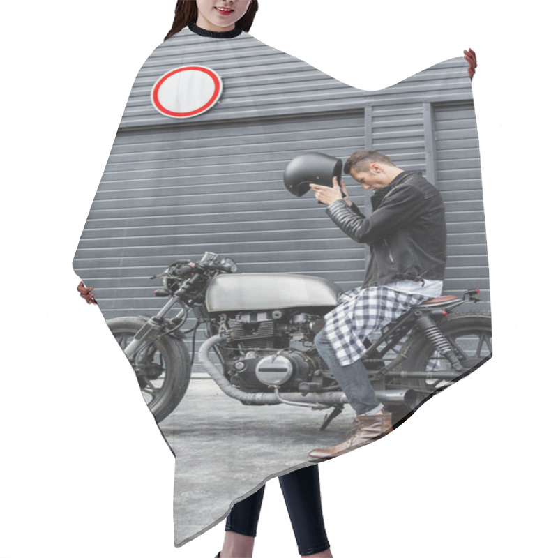 Personality  Brutal Man Sit On Cafe Racer Custom Motorbike. Hair Cutting Cape