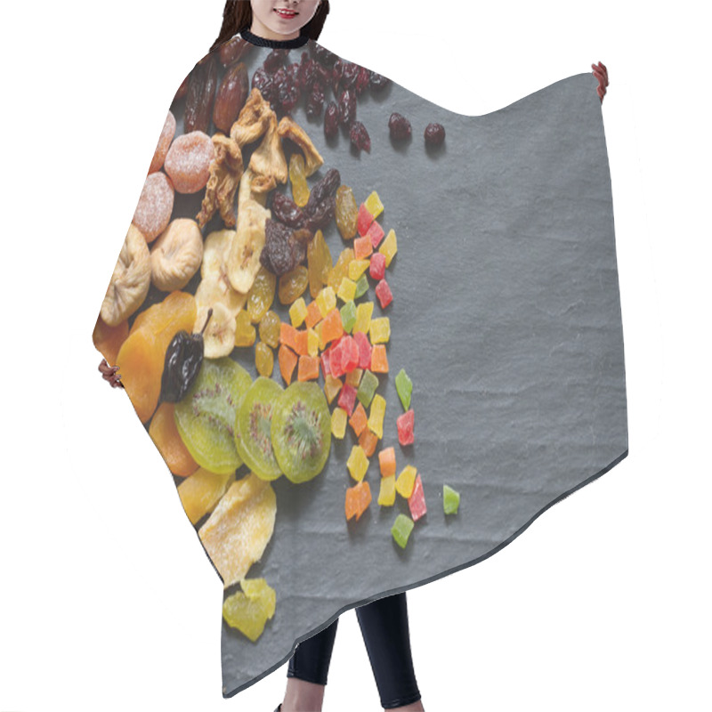 Personality  Candied Dried Mixed Assortment Of Exotic Fruits On Black Marble Hair Cutting Cape