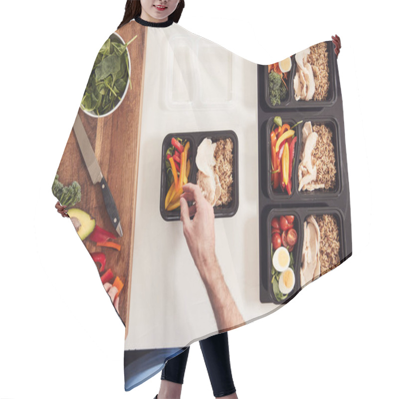 Personality  Overhead Shot Of Man Preparing Batch Of Healthy Meals At Home In Kitchen hair cutting cape