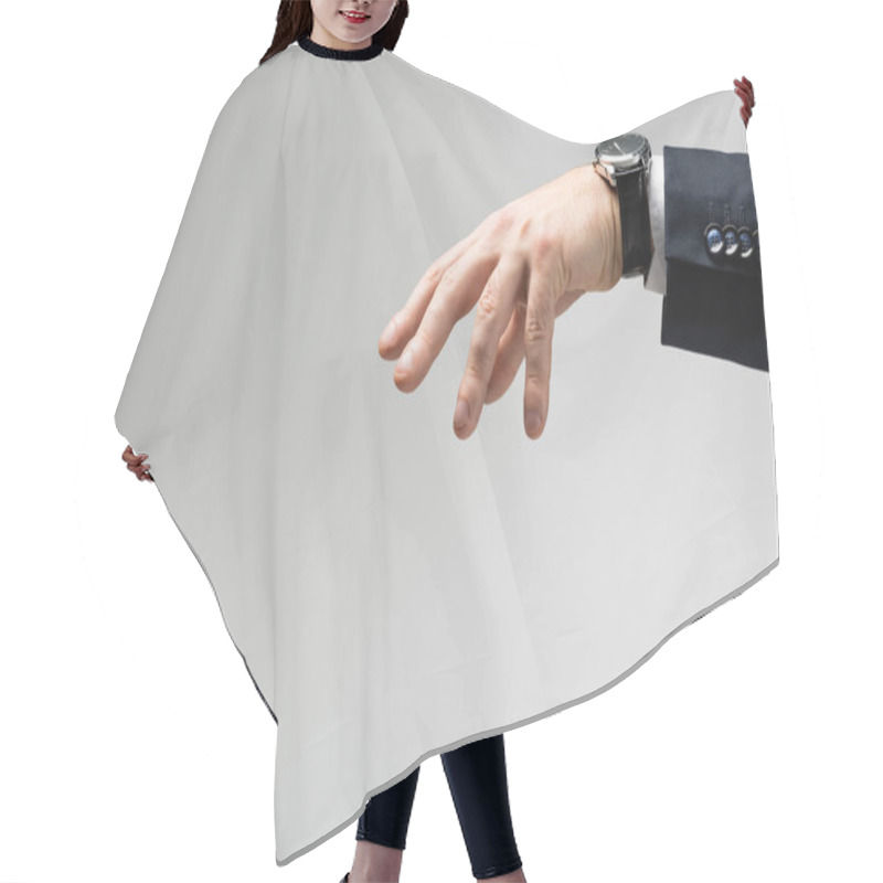 Personality  Cropped View Of Businessman Manipulating With Hand Isolated On Grey Hair Cutting Cape