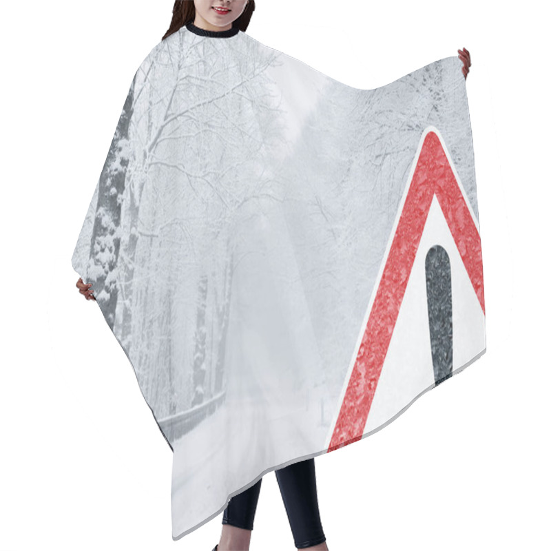 Personality  Winter Driving - Snowy Road With Warning Sign  Hair Cutting Cape